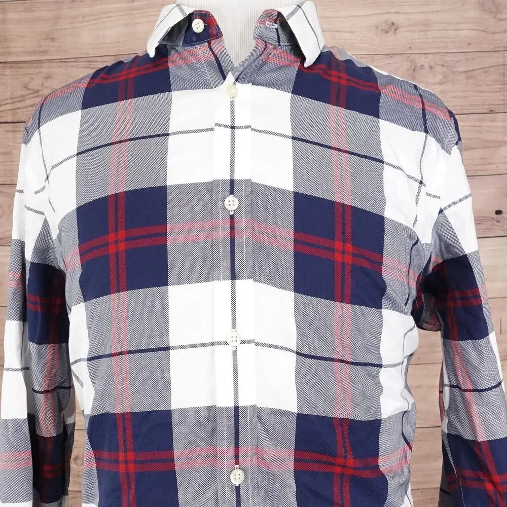 Banana Republic Shirt Mens XL Blue Gray Red Plaid Non-Iron‎ Tailored Slim Fit